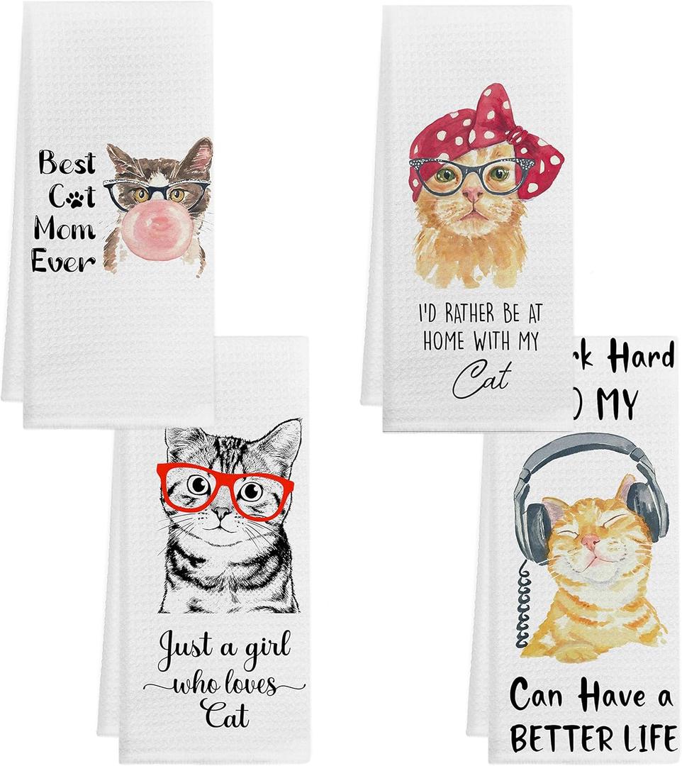 Cat Hand Towel Set - Cat Gifts for Cat, Set of 4 Cat Kitchen Towels 1624, Cat Tea Towels for Kitchen Decorative, Cute Cat Dish Towels
