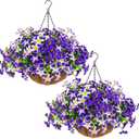 2 Set Artificial Petunias Flowers with Hanging Baskets, 24 Pcs Silk Petunia UV Resistant Purple Faux Petunias Flowers with Hanging Planter for Front Door Porch Spring Outside Decor (2, Purple)