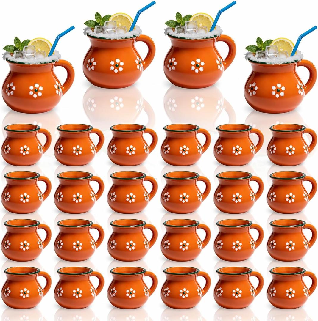 24 Pcs 3oz Cantaritos De Barro Mexican Terracotta Clay Mugs with Handles Mexican Coffee Mugs Clay Cups for Tequila, Margaritas, Mojitos Cold Hot Drinks