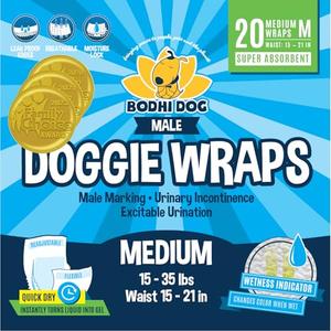 Bodhi Dog Disposable Male Dog Diapers - Super Absorbent, Leak-Proof Pee Wraps - Adjustable Fit, Comfortable Design, Advanced Moisture Control, and Wetness Indicator - Medium (20 Count)
