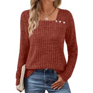 AUTOMET Womens Long Sleeve Shirts Fall Tops Fashion Outfits 2025 Asymmetric Square Neck Sweaters Dressy Casual Tunic Clothes (Medium, Caramel)