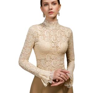 METWAY Lace Top for Women Long Sleeve Lace Shirt Sheer Turtleneck See Through Floral Mesh Undershirt Going Out Blouse, size: Medium