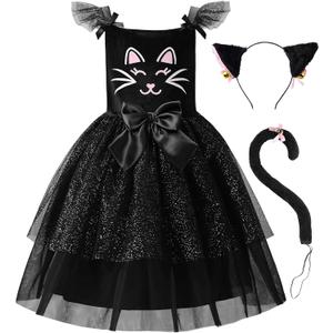 ReliBeauty Black Cat Costume for Girls Kitty Costume Halloween Toddler Dress with Accessories (6-7/130)
