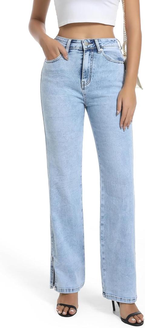 Guaile Womens Jeans High Waisted Stretchy Straight Leg Jeans Split Hem Jeans for Women Trendy Classic Denim Jeans M  06