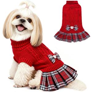 YUDODO Small Dog Sweater Dress with Bowtie Turtleneck - Knitted Pet Girl Dog Winter Clothes - Pet Warm Sweater for Puppy Yorkies, Chihuahua (S Red)