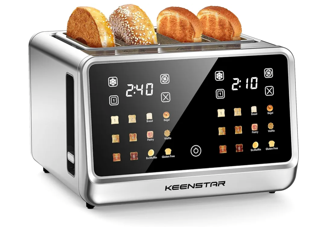 4 Slice Toaster with Touch Screen, Stainless Steel Smart Bread Toaster, 1.5" Wide Slots, 6 Shade Settings & 6 Bread Types for Bagels, Timer, Single Slice Toasting, Reheat, Defrost, 1800W