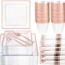 DaYammi 175 PCS Rose Gold Plastic Plates, Rose Gold Plastic Dinnerware Sets Includes: 25 Dinner Plates, 25 Salad Plates, 25 Pre Rolled Napkins with silverware 25 Cups 9 OZ, Perfect for Valentine's Day