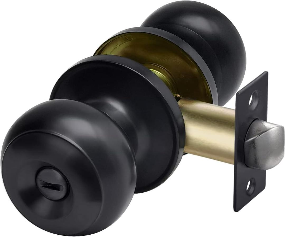 CML Hardware Privacy Door Knob, Matte Black Keyless Door Lock in Solid Stainless Steel for Bedroom or Bathroom, Standard Round Ball Handle