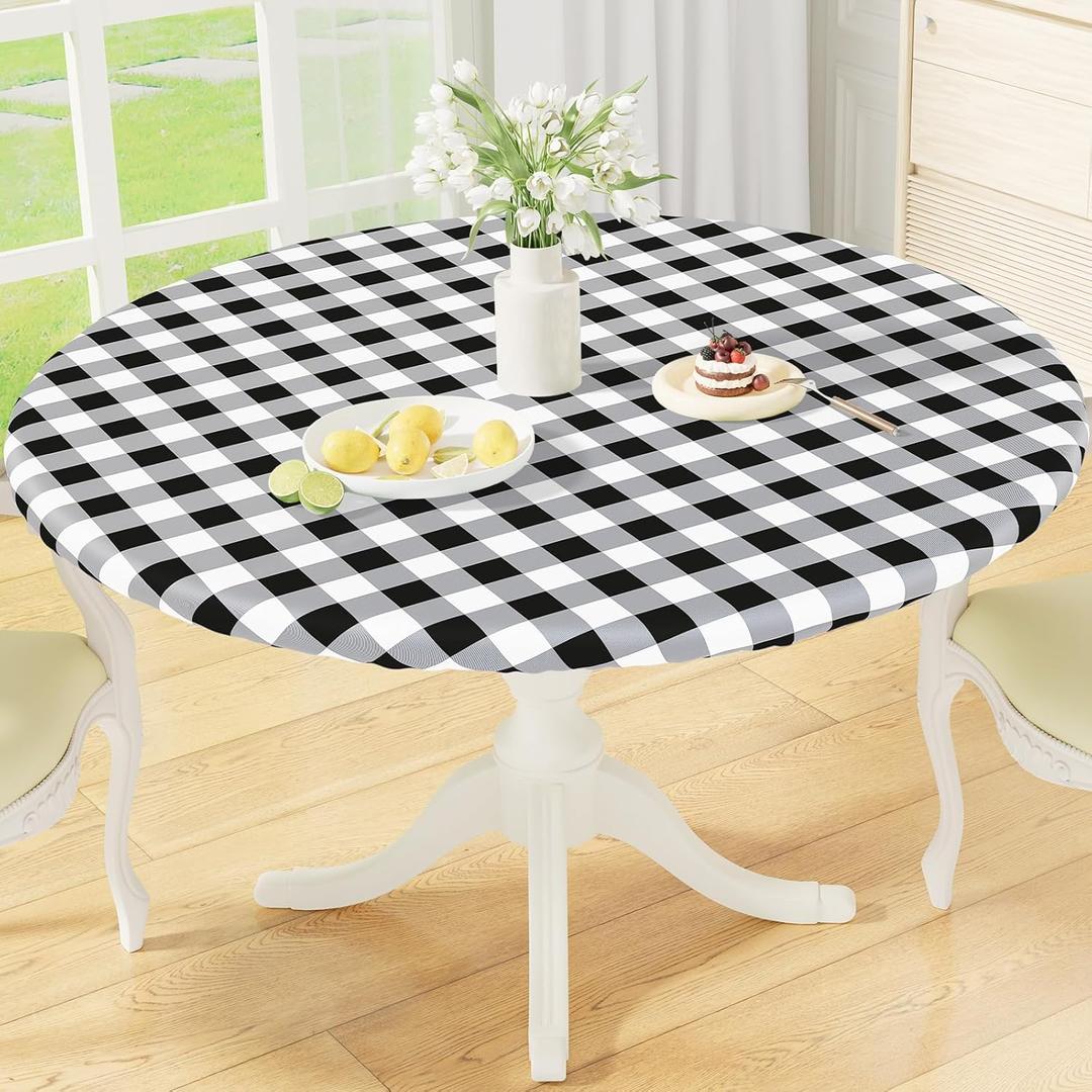 misaya Round Fitted Tablecloth with Elastic Edge, Buffalo Plaid Waterproof Vinyl Flannel Backed Table Cloth Cover Fits 45"-56" Round Tables for Dinner, Outdoor, Picnic, Black White Check