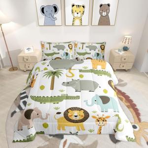 Feelyou Wild Animals Comforter Set Safari Animals Print Comforter for Boys Girls Teens Cute Hippo Crocodile Lion Bedding Set Kids Cartoon Elephant Giraffe Duvet Set Room Decor Quilt Set Twin Size (Multi 1044)