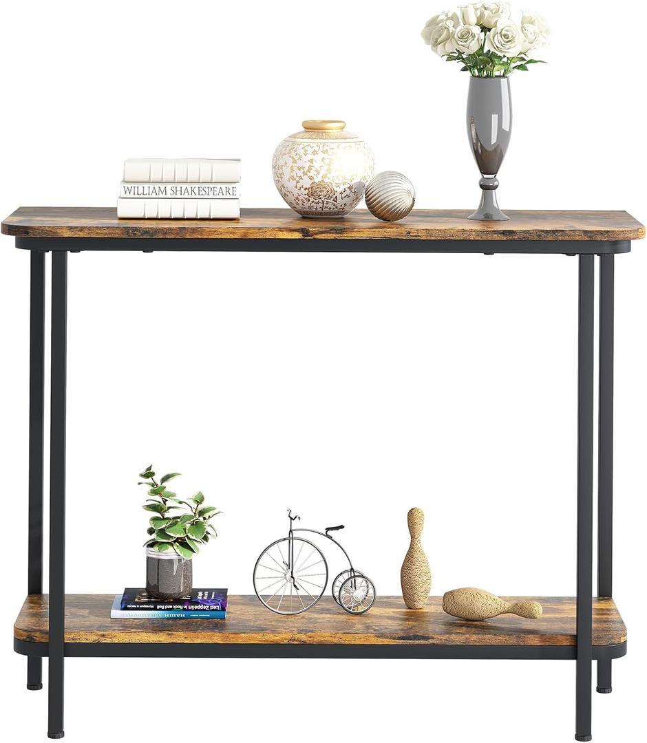 Arbuxzuy 35.4" Industrial Console Table 2 Tier Narrow Sofa Table with Shelves,Behind Couch Table Small Entry Way Tables for Livingroom,Bedroom,Entrance Foyer Table for Hallway,Office,Balck&Brown