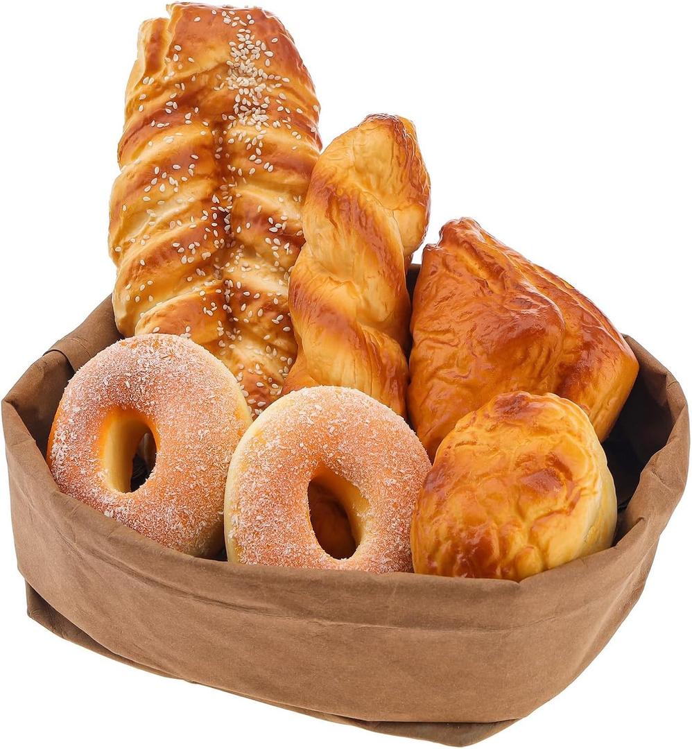 6 Pcs Fake Breads Realistic Faux Baguette Doughnut Prop for Food Display,Artificial French Fake Croissant Bread for Bakery Kitchen Home Dcor