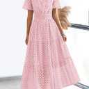 PRETTYGARDEN Womens 2026 Summer Maxi Dress Short Sleeve V Neck Hollow Out Eyelet A Line Long Flowy Beach Vacation Dresses (Pink, M)