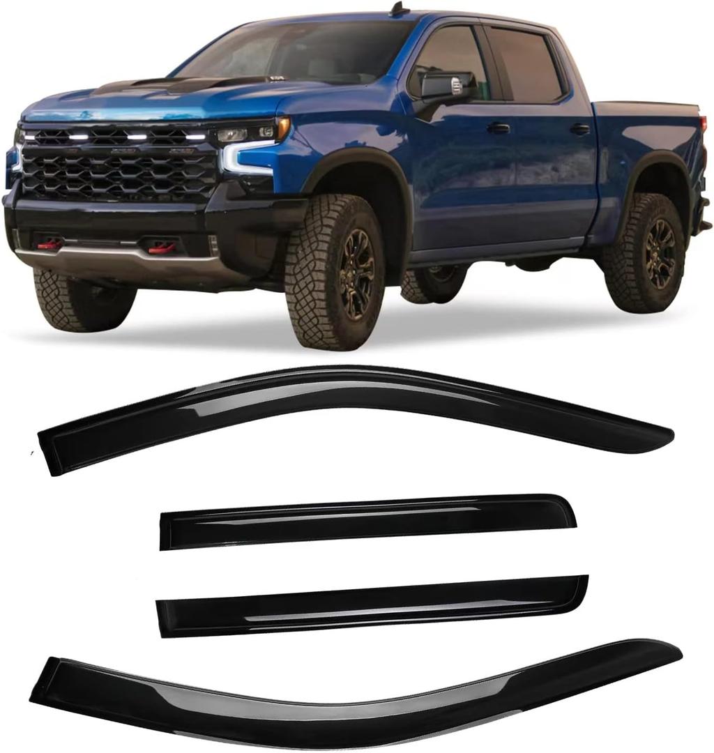 Tape-On Rain Guards Window Visor Compatible with 2019-2024 Chevy Silverado 1500 & GMC Sierra 1500 Crew Cab Pickup Truck Window Vent Deflector Visors 4 Pcs (For 2019-2023 Chevy Silverado 1500)