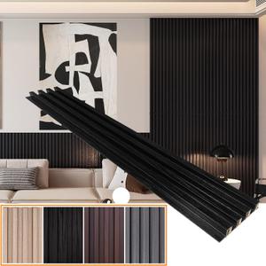 YU LI 3DH WPC Slat Wall Panels 12-Pack 48x 6in & 4 Trim Accent Black Wood Grain 3D Wall Panels Interior Wall Modern Dcor
