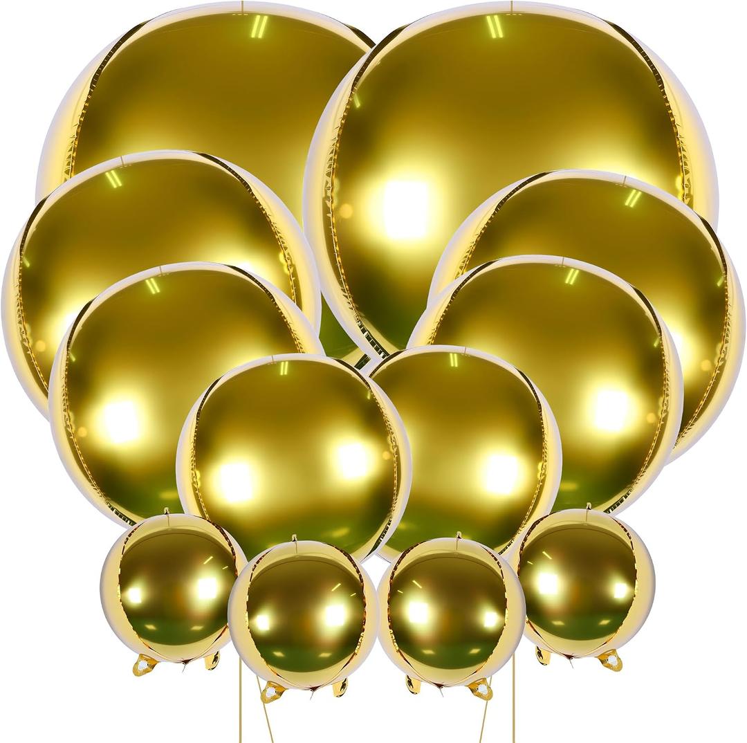 12 Pcs Orb Balloons for Party Decorations, 5 Sizes 32/22/18/15/10 Inch 4D Sphere Balloons Metallic Round Balloons for Grad Party, Wedding Party Decorations (Gold)