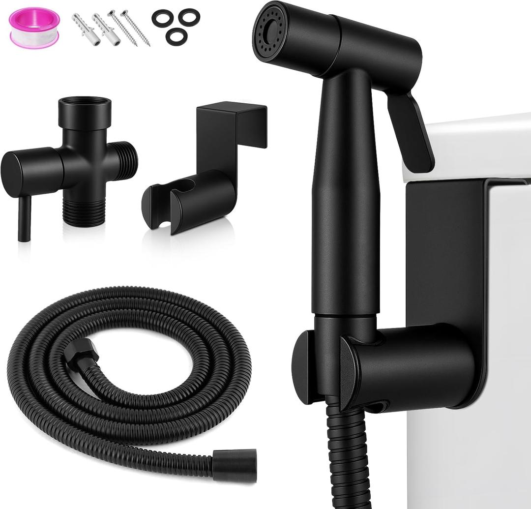 Handheld Toilet Bidet Sprayer, Water Pressure Adjustable Sprayer with Hose and 7/8 "T-Valve, Jet Spray and Soft Spray, for Toilet, Bidet, Shower etc., Stainless Steel, Black