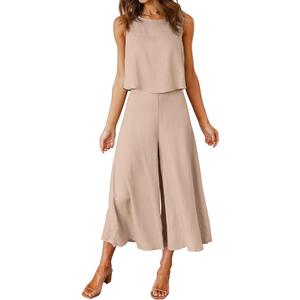 ROYLAMP Women's Summer 2 Piece Outfits Round Neck Crop Basic Top Cropped Wide Leg Pants Set Jumpsuits, XS