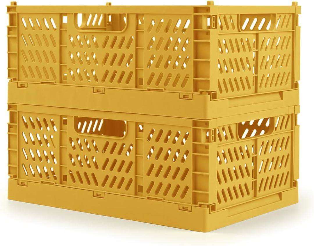 Domiella 2-Pack Crates for Storage, Storage Crates Plastic Stackable, Foldable Crate for Office Home Kitchen Bedroom Bathroom (Small, Golden Yellow)