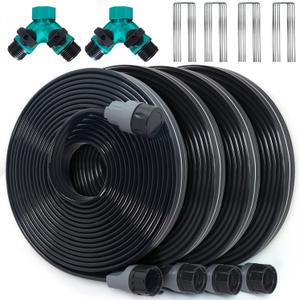 Sprinkler Hose with Holes, Flat Soaker Hose 100 Ft (25 ft 4pack) with Garden Staples and Splitters, Watering Drip Irrigation Hoses for Lawn, Vegetable and Garden Beds (100 ft) (Black)