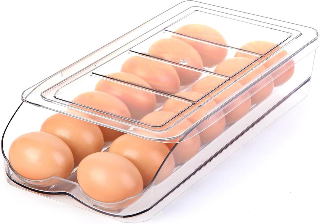 RoskDeewat Egg Holder for Fridge, Automatic Rolling Egg Container for Refrigerator, Stackable Fridge Organizers and Storage with Lid, Clear Plastic Egg Dispenser,Bin & Tray (1 Tier)