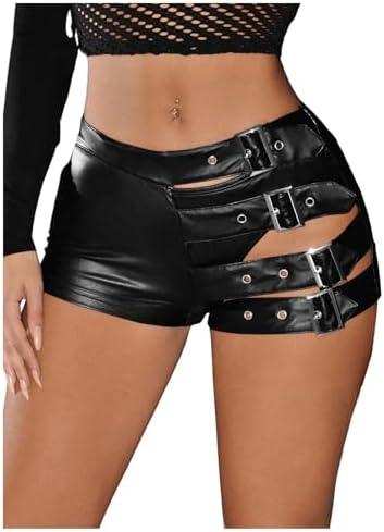 OYOANGLE Women's Buckled Cut Out Leather Mini Shorts Y2k Low Rise Booty Hot Shorts M