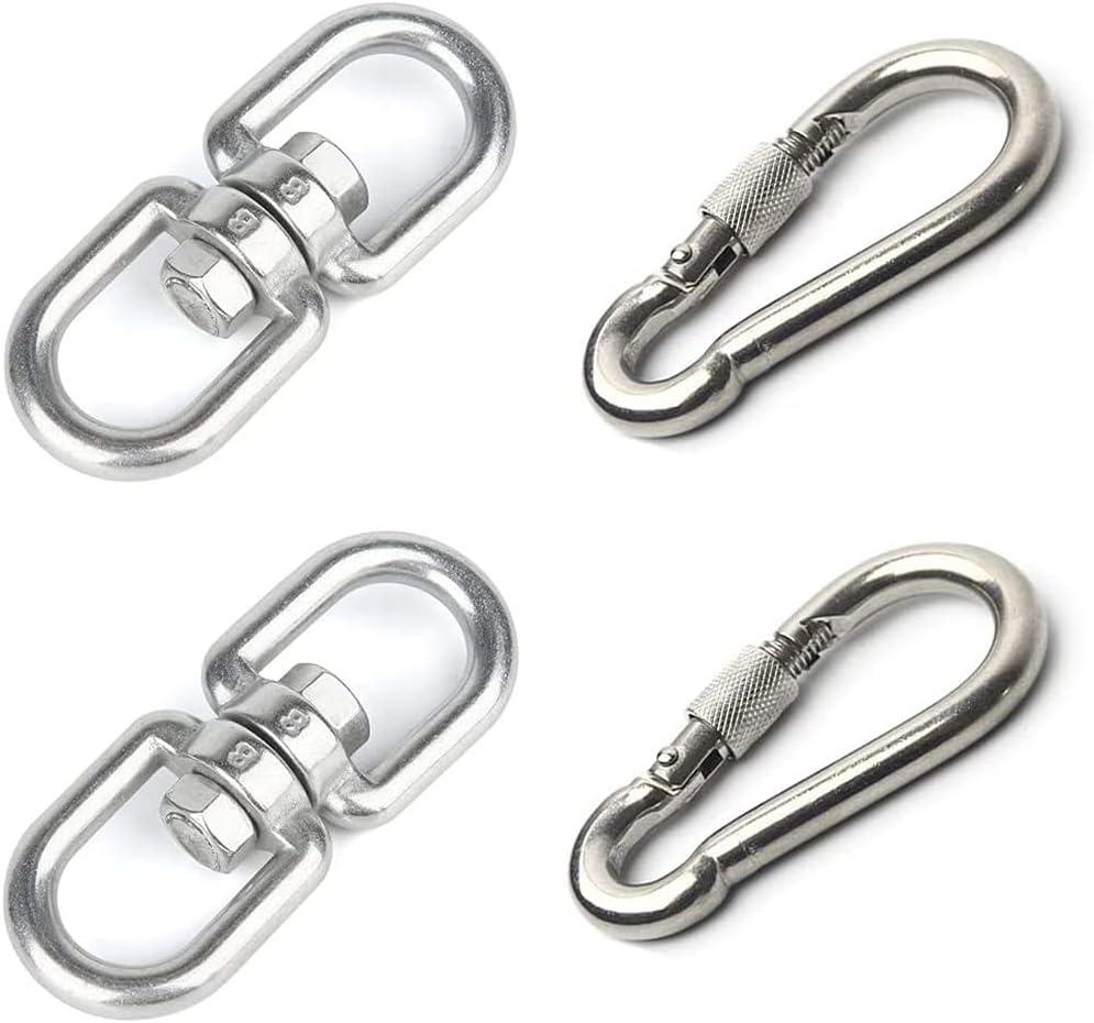 2Pcs M8 304-Stainless Steel Swivel Ring Double Ended Swivel Eye Hook, 2Pcs M8 Spring Hook, for Marine Mooring Swivel Tree Swing, Hanging Hammock, Hanging Rotating Device