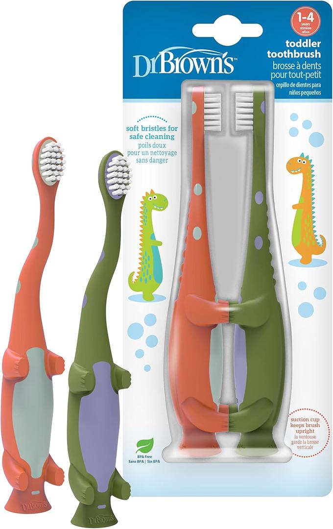 Dr. Brown's Baby and Toddler Toothbrush, Green and Orange Dinosaur 2-Pack, 1-4 Years