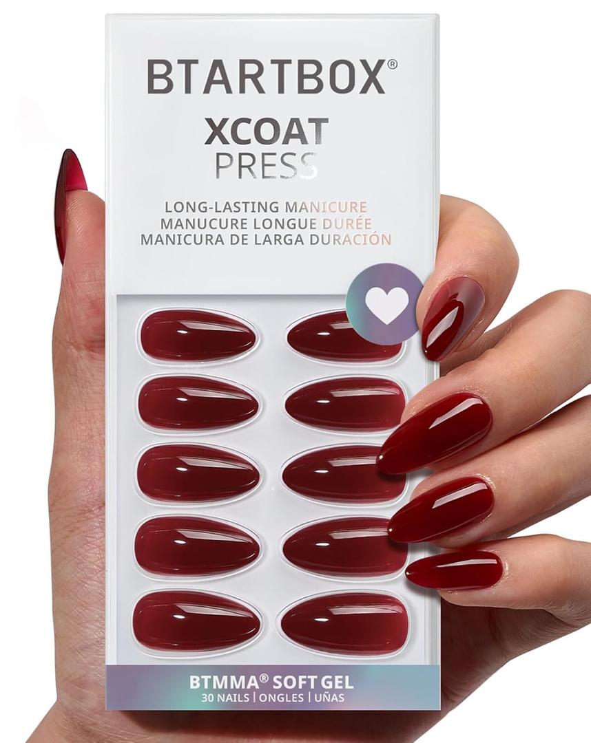 BTArtbox Press On Nails Almond - Lamp-Curable Dark Red Medium Press On Nails with Glue for Women, Semi-Transparent Soft Gel Glue On Nails in 15 Sizes - 30 Stick On Nails Kit, Blackout