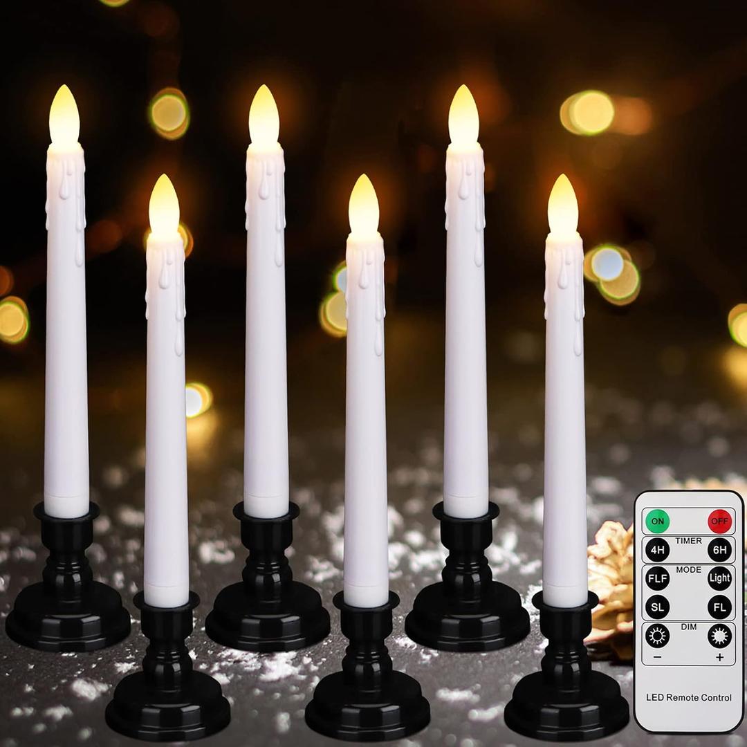 Daord LED Battery Operated Window Candle with Remote & Timer Flickering Warm Light Christmas Flameless Taper Candles for Party Holiday Wedding Home Table Decoration (Pack of 6,White+Black Holder(A))