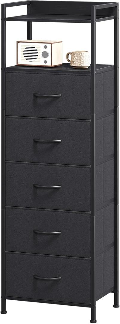 Somdot Tall Night Stand for Bedroom,Tall 5 Drawers Dresser, Vertical Storage Tower Unit, Nightstand Furniture with Fabric Drawer Organizer in Bedside Kids Dorm Room Closet Laundry Entryway,Black