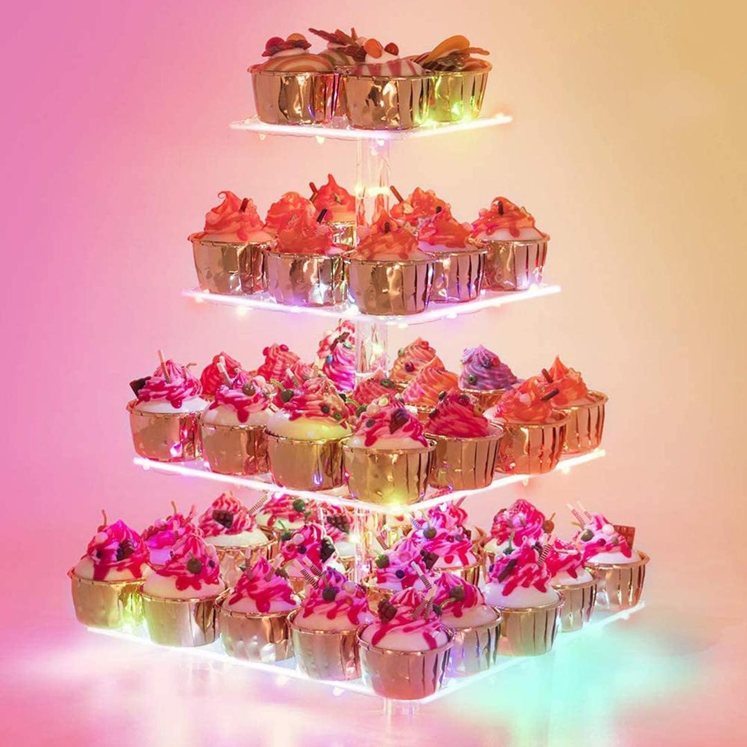 Cupcake Stand Premium Holder Acrylic Tower Display Cady Bar Party Dcor 4 Tier for Pastry + LED Light String Ideal Weddings, Birthday (Colorful light)
