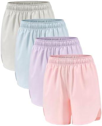 Celfaeree 4 Packs Girls Athletic Shorts with Pockets Running Active Shorts Dry-Fit, Sports Workout Shorts for Kids Teens, M