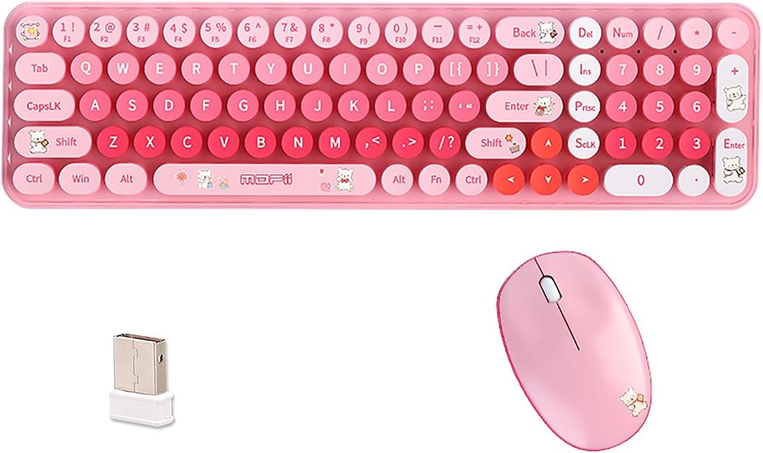 Wireless Keyboard and Mouse Combo - 2.4G Full-Sized Cute Colorful Retro Keyboard with Round Keycaps 104 Keys Typewriter Keyboard for Laptop/Windows/PC-Pink Colorful