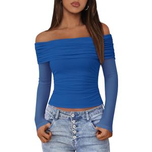 BTFBM Women's Long Sleeve Shirts 2025 Fall Crop Going Out Tops Mesh Ruched Casual Off Shoulder Blouses Y2K Clothes (Blue, XL)