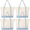 Sunnymove 4 Pcs Large Canvas Tote Bags Bulk with Top Zipper Closure, Reusable Grocery Shopping Bags, Bachelorette Party DIY Gifts (Light Blue)