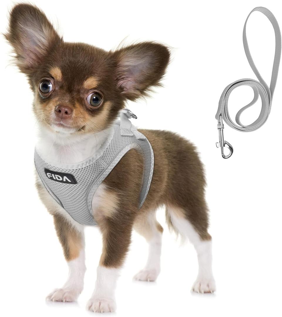 Fida Comfy Dog Harness with Leash, Soft Puppy Vest Escape Proof, Breathable Lightweight Soft Mesh, Adjustable Reflective Step-in Harness for Cat & Extra-Small Pet (XS, Grey) (XS (Neck:12.2"-13"; Girth:14.2"-16.1"))