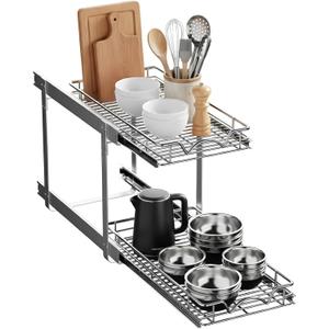 2-Tier Pull-Out Cabinet Organizer with Heavy-Duty Steel Frame, Full-Extension Sliding Shelves, Holds 100 lbs, Easy Install for Kitchen, Pantry & Under Sink Cabinets, 11" W x 21”D x 16.5" H