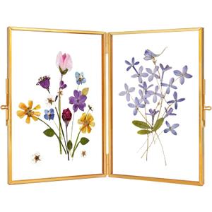 Glass Pressed Flower Frame Handmade, Hinged Double Press Flower Frame, Tabletop Brass Photo Frames, Rectangle Dried Flower Display Folding Frame for Home, Gold,46 Inches (4L" x 6W")