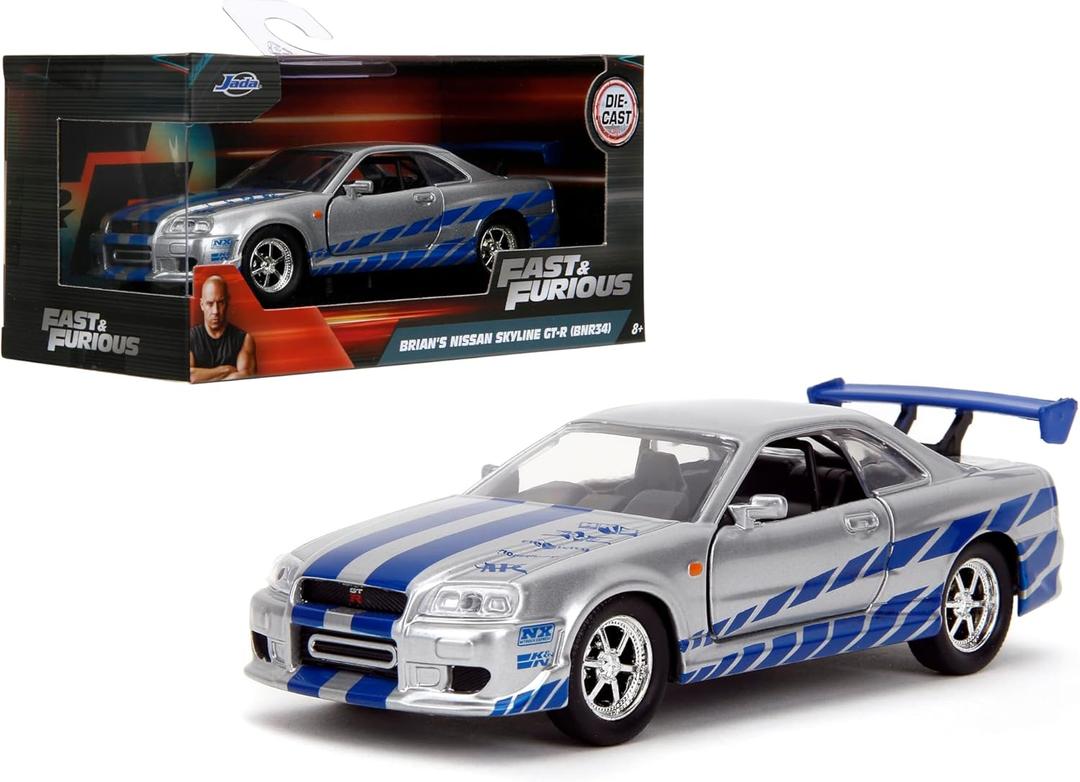 Jada Toys Fast & Furious 1:32 Brian's Nissan Skyline GT-R R34 Die-cast Car Silver/Blue, Toys for Kids and Adults