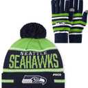 FOCO NFL unisex-adult Nfl Team Logo Adult Stretch Gloves With Big Wordmark Strip Pom Knit Hat Beanie Set (One Size)