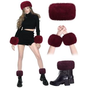 Liitrsh 3 Pieces Faux Fur Headband Set Earmuff Hat Fuzzy Short Wrist Warmers Boot Cuff Arm Warmers Accessories for Girls(Red)