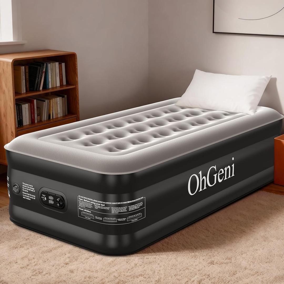 OhGeni 20" Twin Air Mattress with Built in Pump, Portable Blow up Mattress, 72Hr Leak-Proof Test Airbed for Guests & Home, Ideal for Single Person, Better to Get up, 300LBS