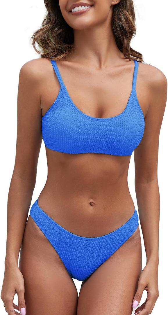 Fanuerg Women's Ribbed Bikini Sets Scoop Neck Cheeky Swimsuit Textured Two Piece Bathing Suit (Medium, Dark Blue)