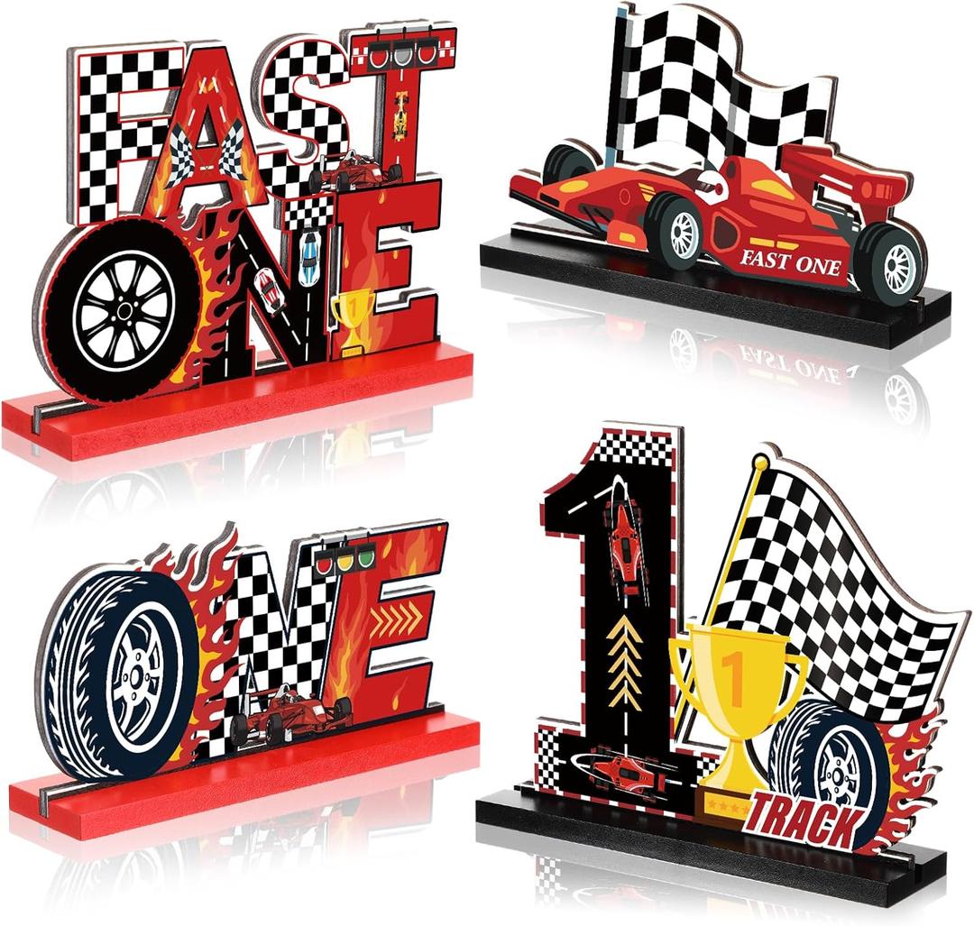 4Pcs Fast One Birthday Decorations for Boys Race Car 1st Birthday Wooden Table Centerpieces One Year Old Let's Go Racing Birthday Party Decorations Happy 1st Birthday Table Sign Party Supplies
