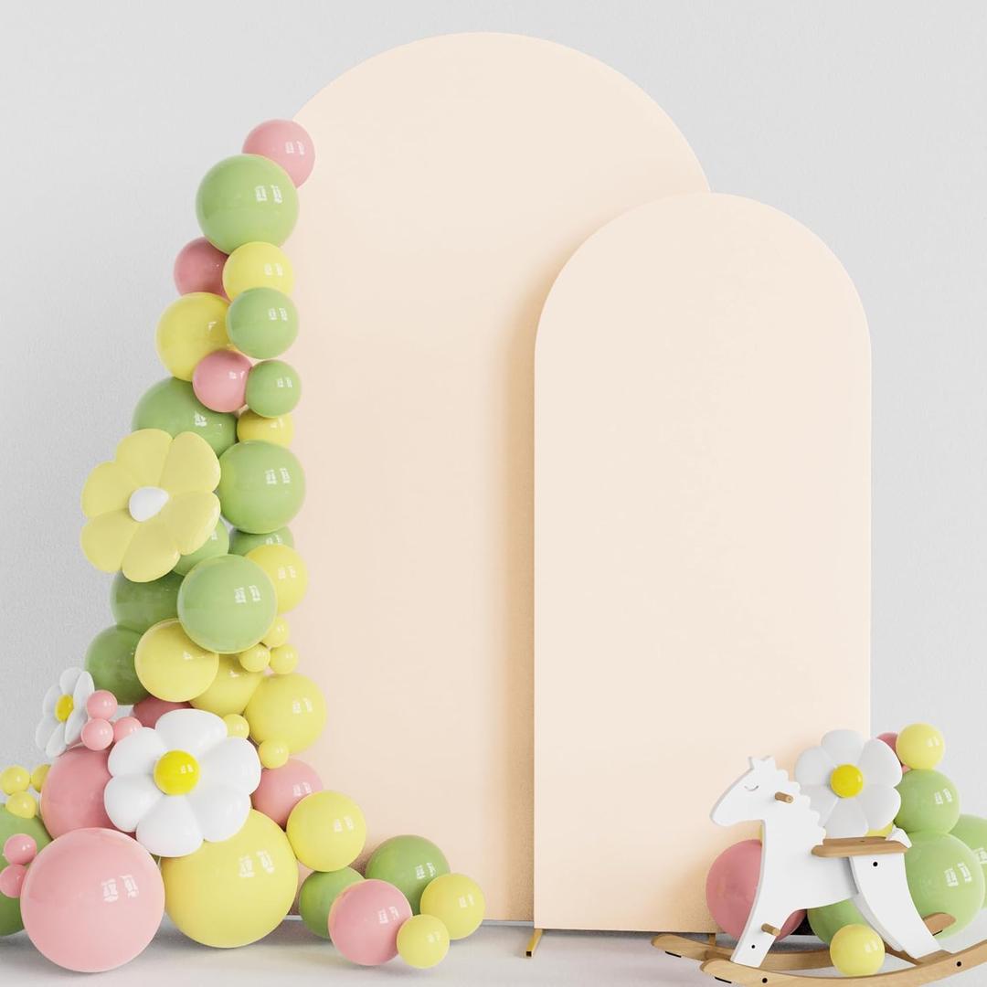 Asee'm Wedding Arch Cover Fitted Spandex Covers (7.2FT, 6FT) 2-Sided Round Top Chiara Backdrop Stand Cover Set of 2 for Party Birthday Banquet Decoration Beige
