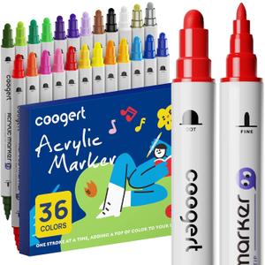 Coogert 36 Colors Dual Tip Acrylic Paint Markers,Fine Tip and Dot Tip Acrylic Paint Pens For Rock Painting, Canvas, Wood, Glass, Ceramic, Fabric, Plastic, Egg, Art Painting Supplies Kit