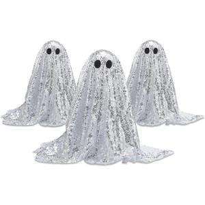 3 Pack Halloween Disco Ghost Decor - 10'' and 13'' DIY Glitter Ghost Decoration with LED Lights Cute Spooky for Indoor Halloween Party, Home Table Centerpiece