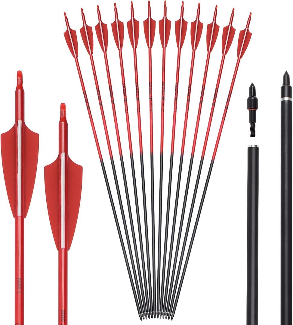 Carbon Arrow Archery 26 28 30inch Hunting Target Practice Arrows for Compound & Recurve Bow Spine 500 with Removable Tips (Pack of 12), 24 inch