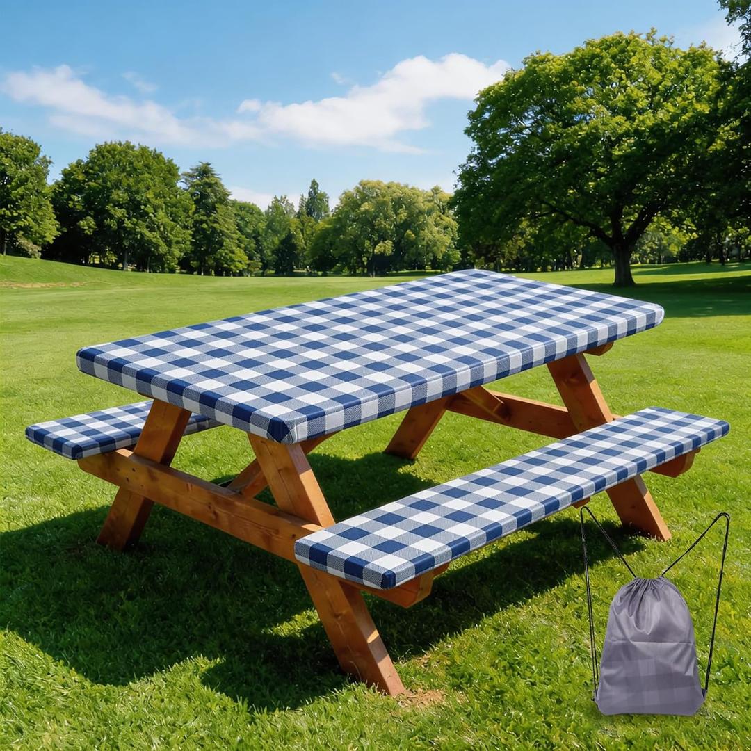 Picnic Table Cover with Bench Covers and Bag,Camping Essentials Waterproof Fitted Camping Tablecloth with Elastic Edges Windproof for 6ft Rectangle Tables and Seats,72in Navy Check